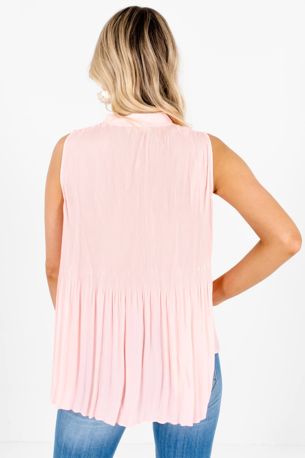 Pink Pleated Self-Tie Neckline Tank Tops Affordable Online Boutique