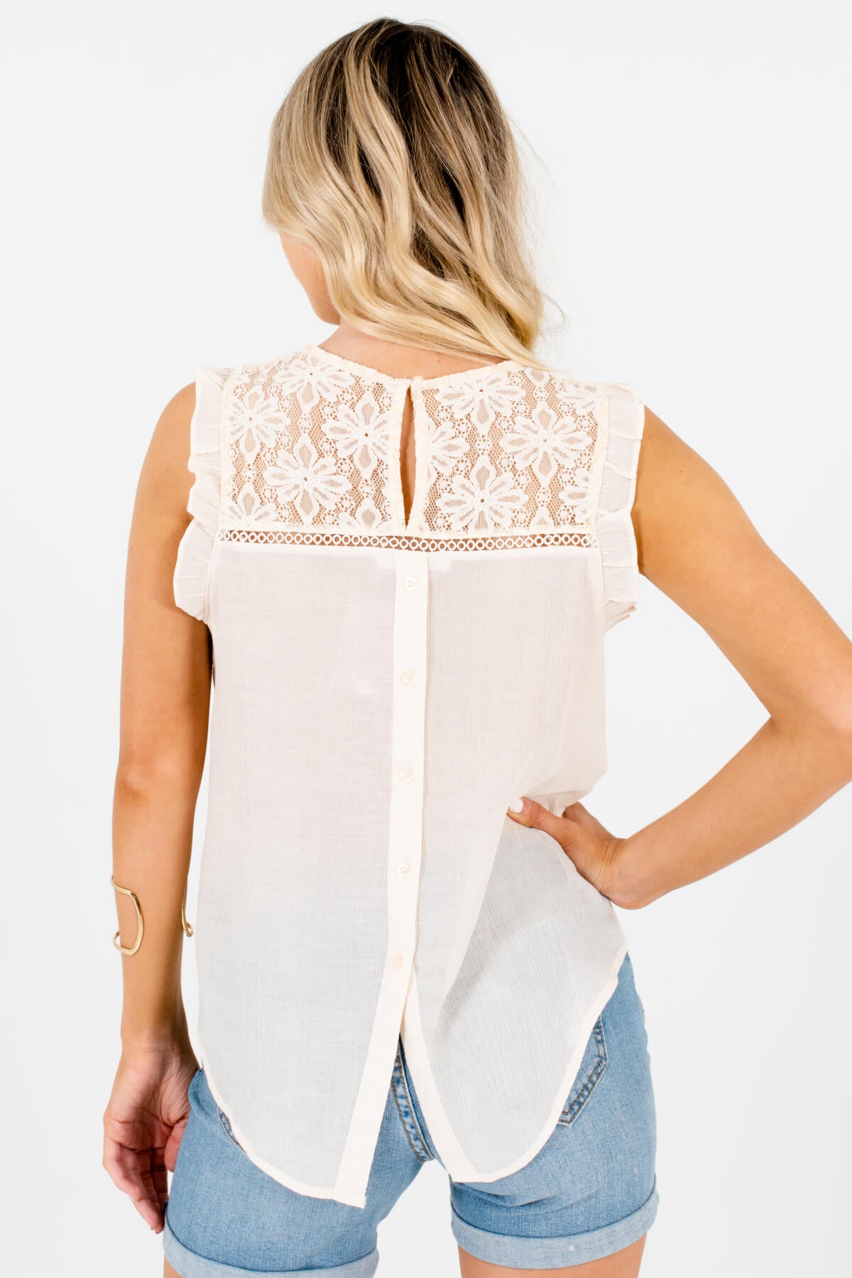 Cream Lace Ruffle Sleeve Tank Tops Affordable Online Boutique