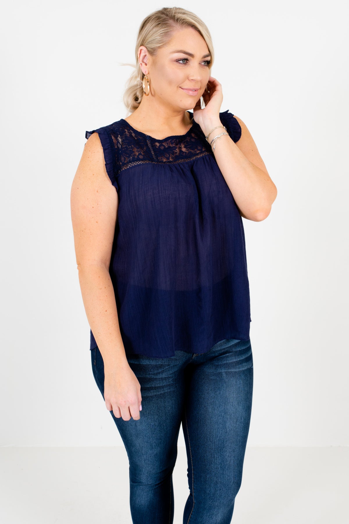 Navy Blue Plus Size Lace Button Up Ruffle Tops