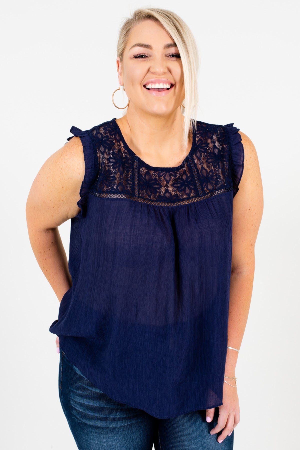 Navy Blue Plus Size Lace Button Up Back Ruffle Tops