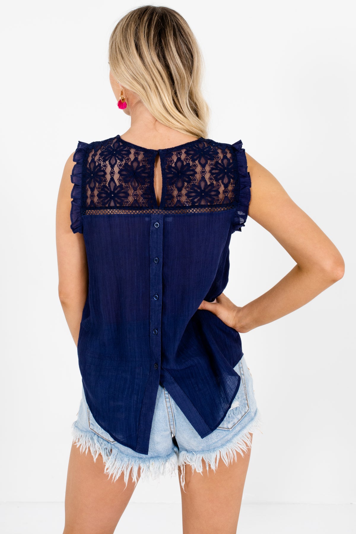 Navy Blue Lace Ruffle Tops Affordable Online Boutique