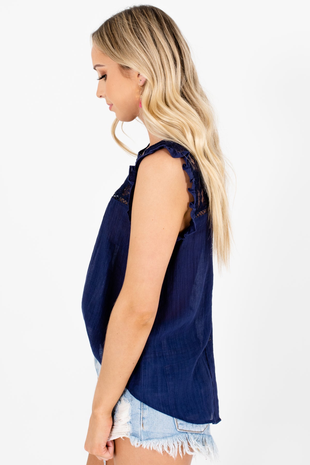Navy Blue Ruffle Lace Tops Affordable Online Boutique