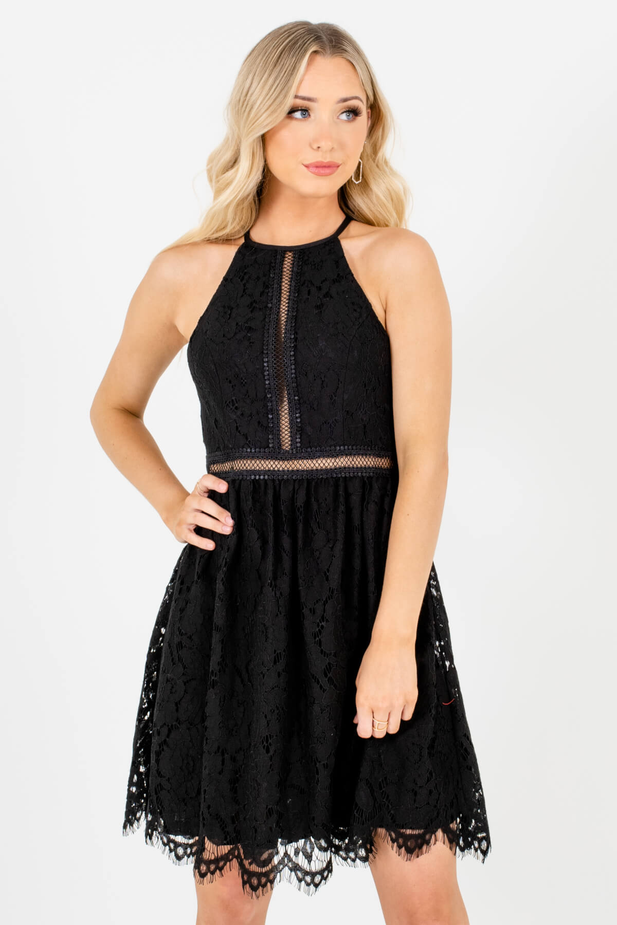 Black Crochet Lace Overlay Boutique Mini Length Dresses for Women