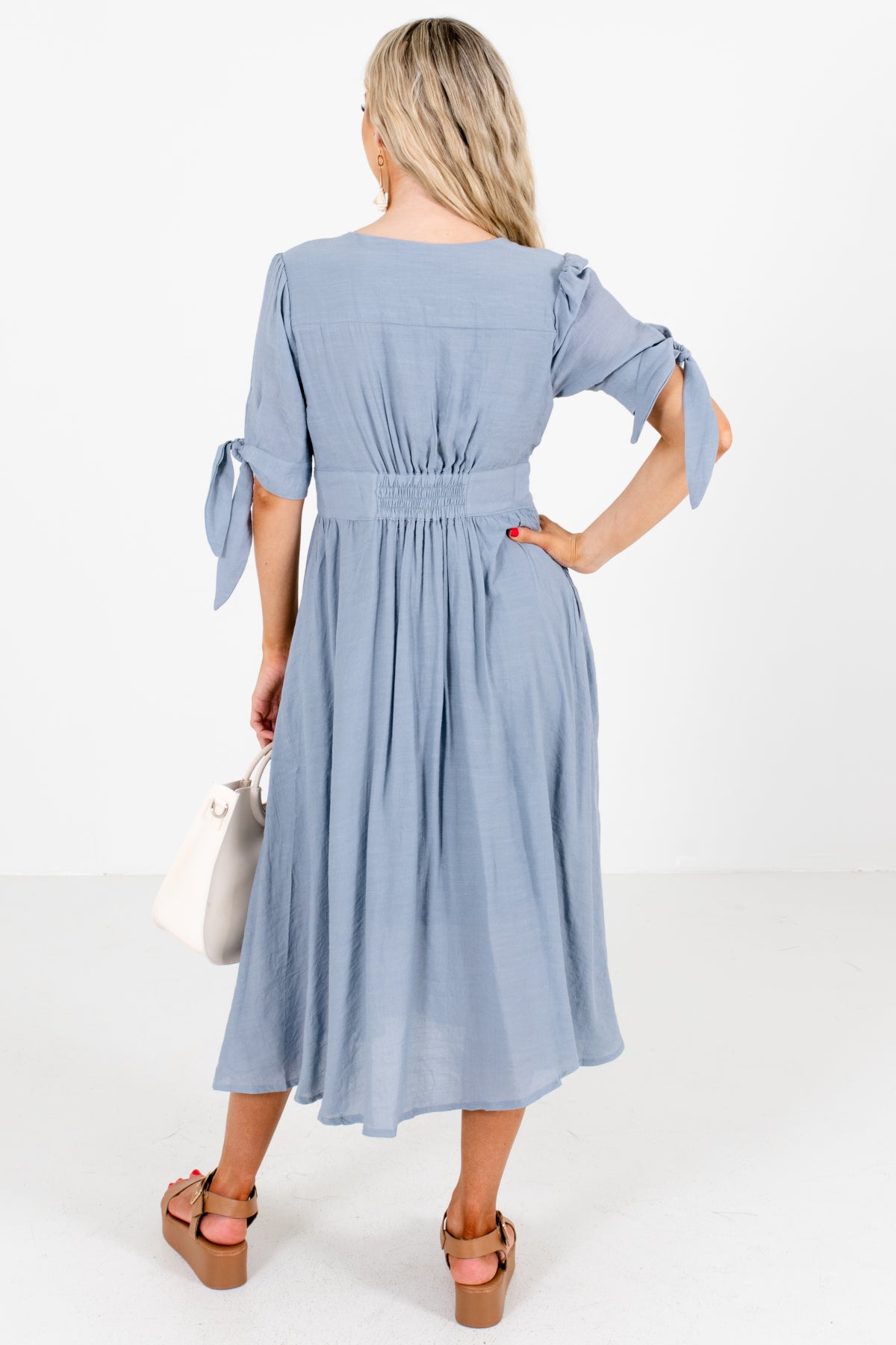 Women's Blue Pleated Accented Boutique Midi Dresses
