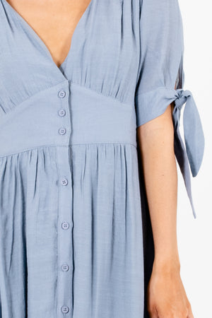 Blue Self-Tie Sleeve Accented Boutique Midi Dresses for Women