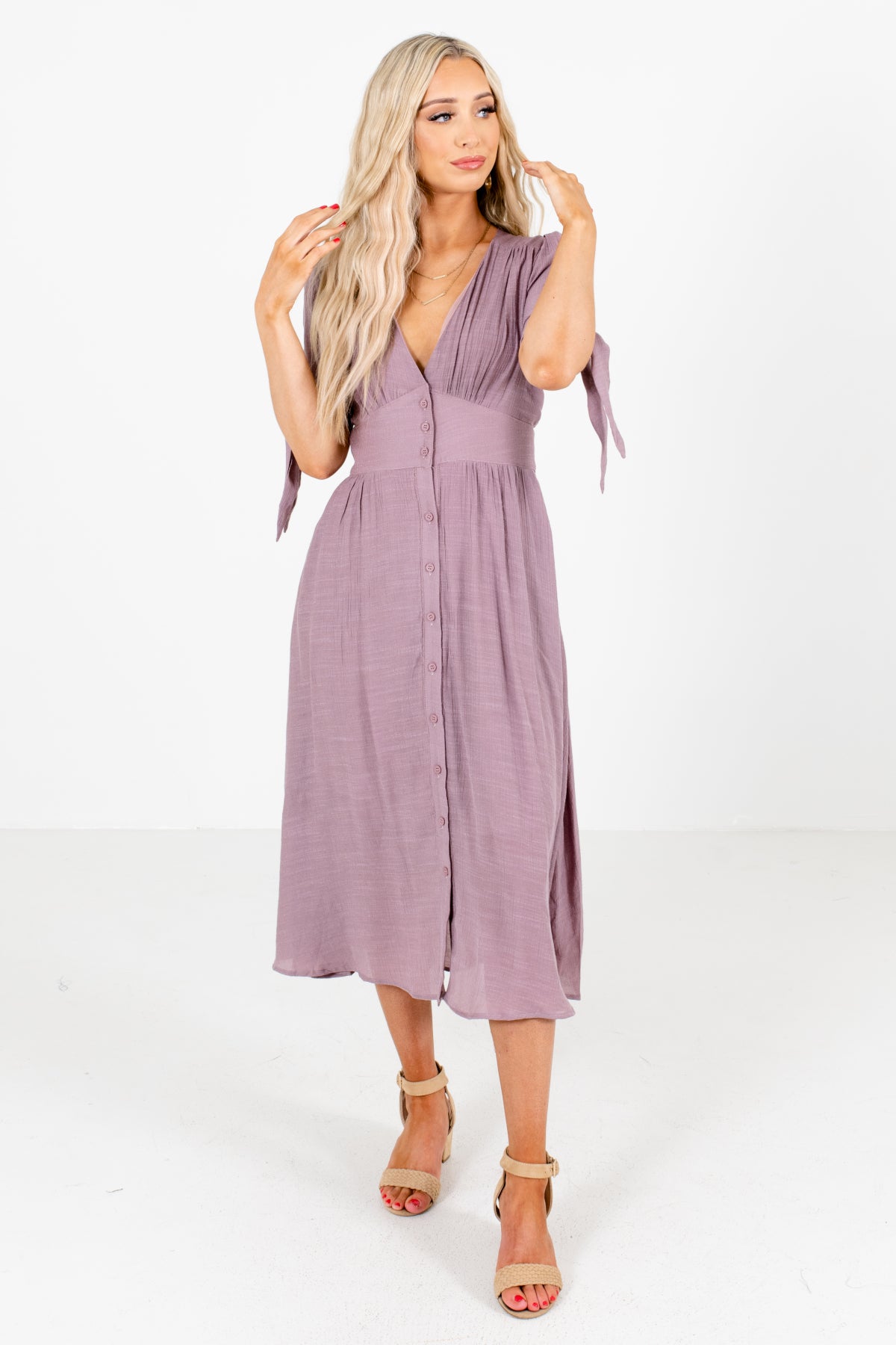 Purple Button-Up Front Boutique Midi Dresses for Women