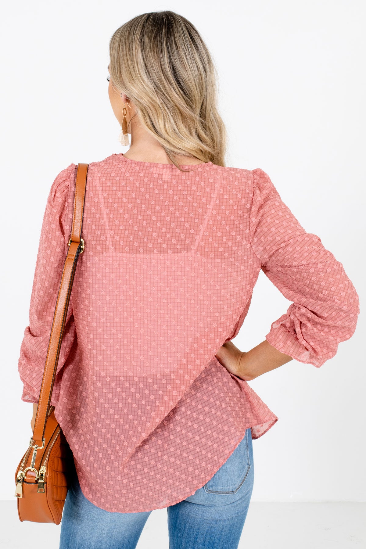 Women's Pink Polka Dot Textured Material Boutique Blouse
