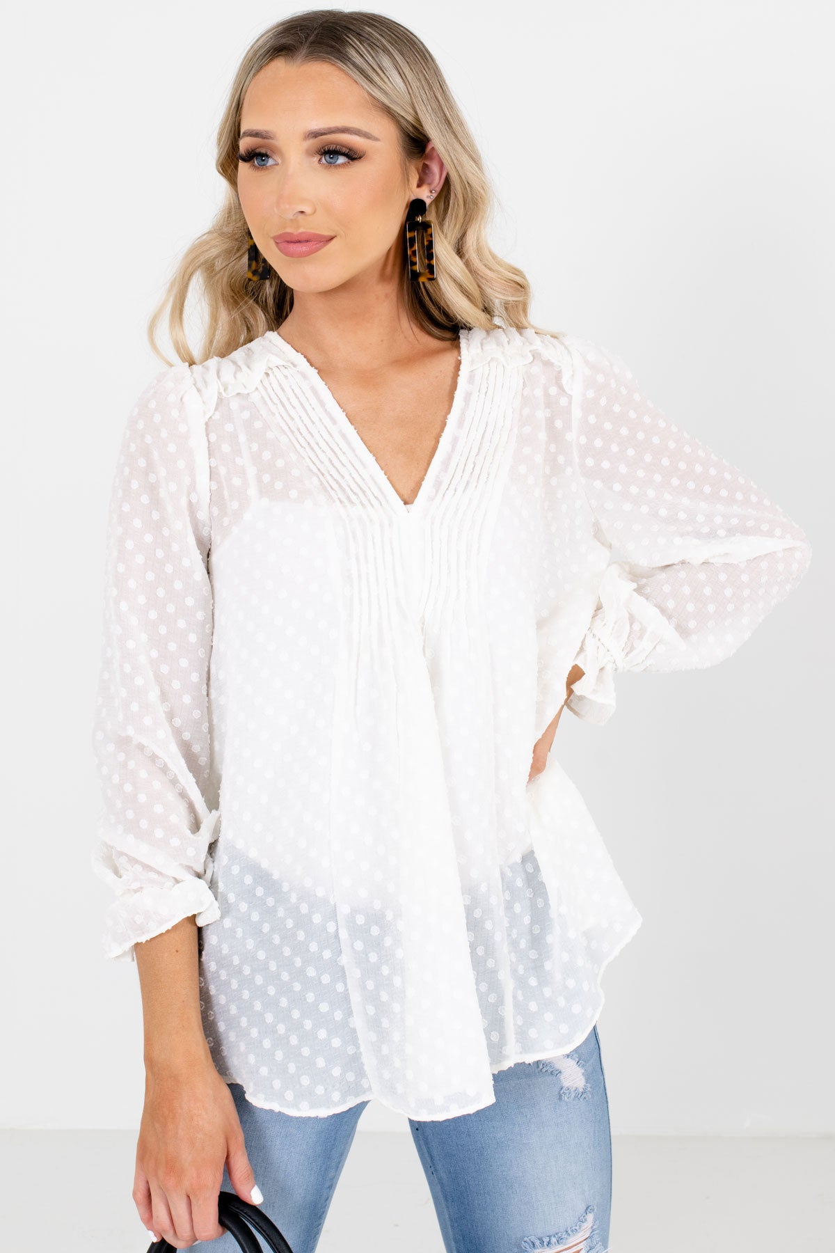 White Ruffled Cuff Boutique Blouses for Women