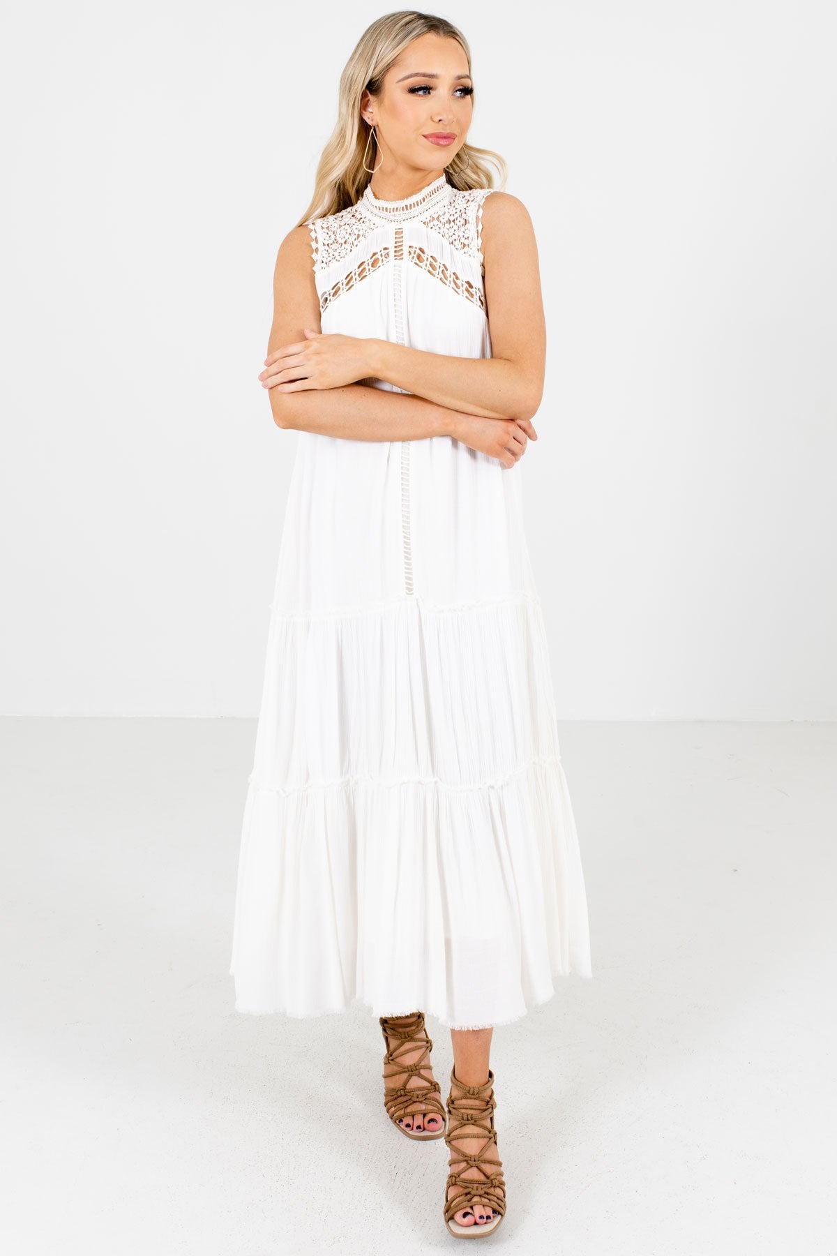 Women's White Flowy Silhouette Boutique Maxi Dress