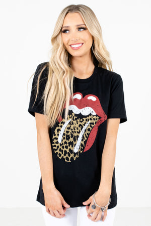 Black Leopard Print Boutique Graphic T-Shirts for Women