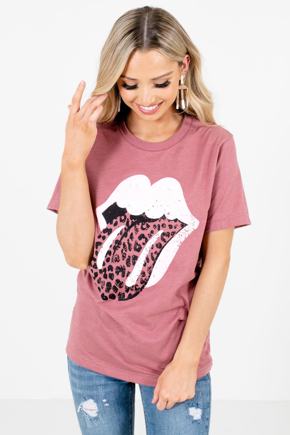 Mauve Leopard Print Graphic Boutique T-Shirts for Women