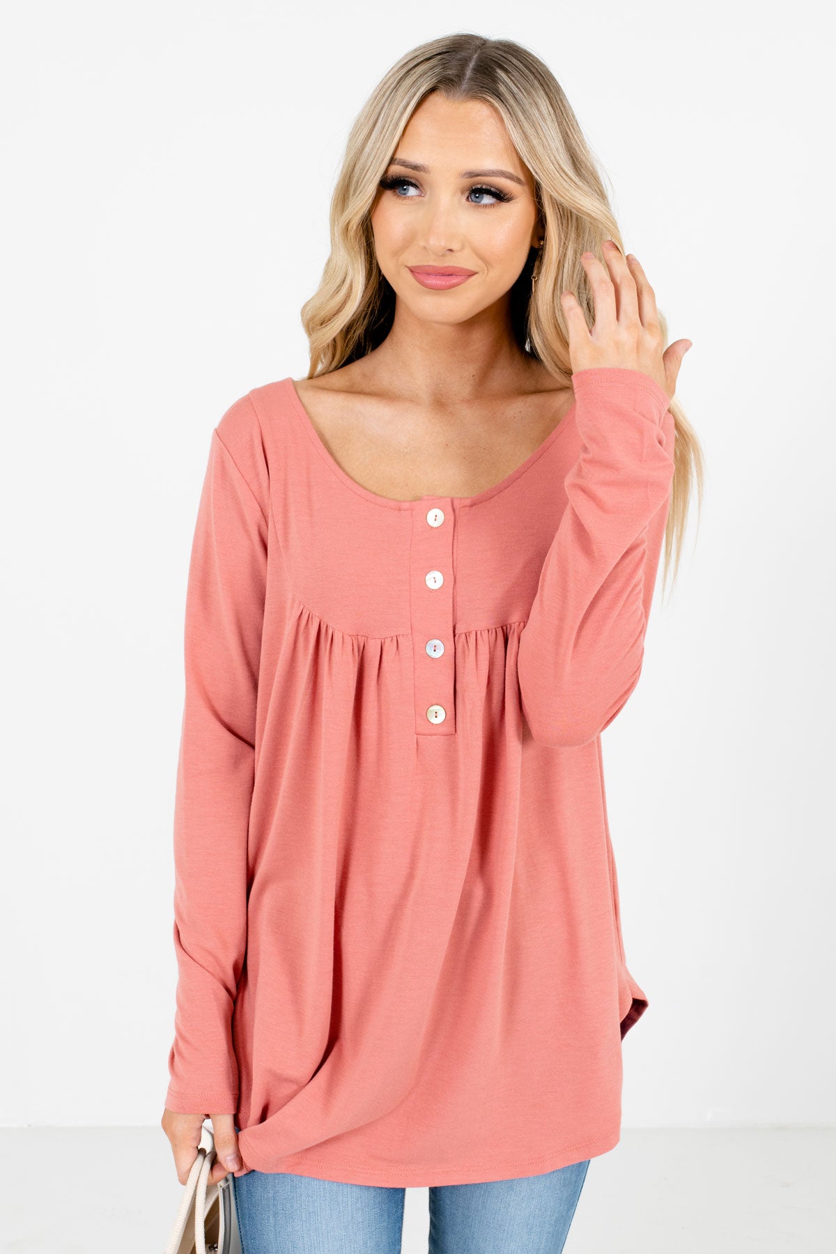 Pink Button-Up Neckline Boutique Tops for Women