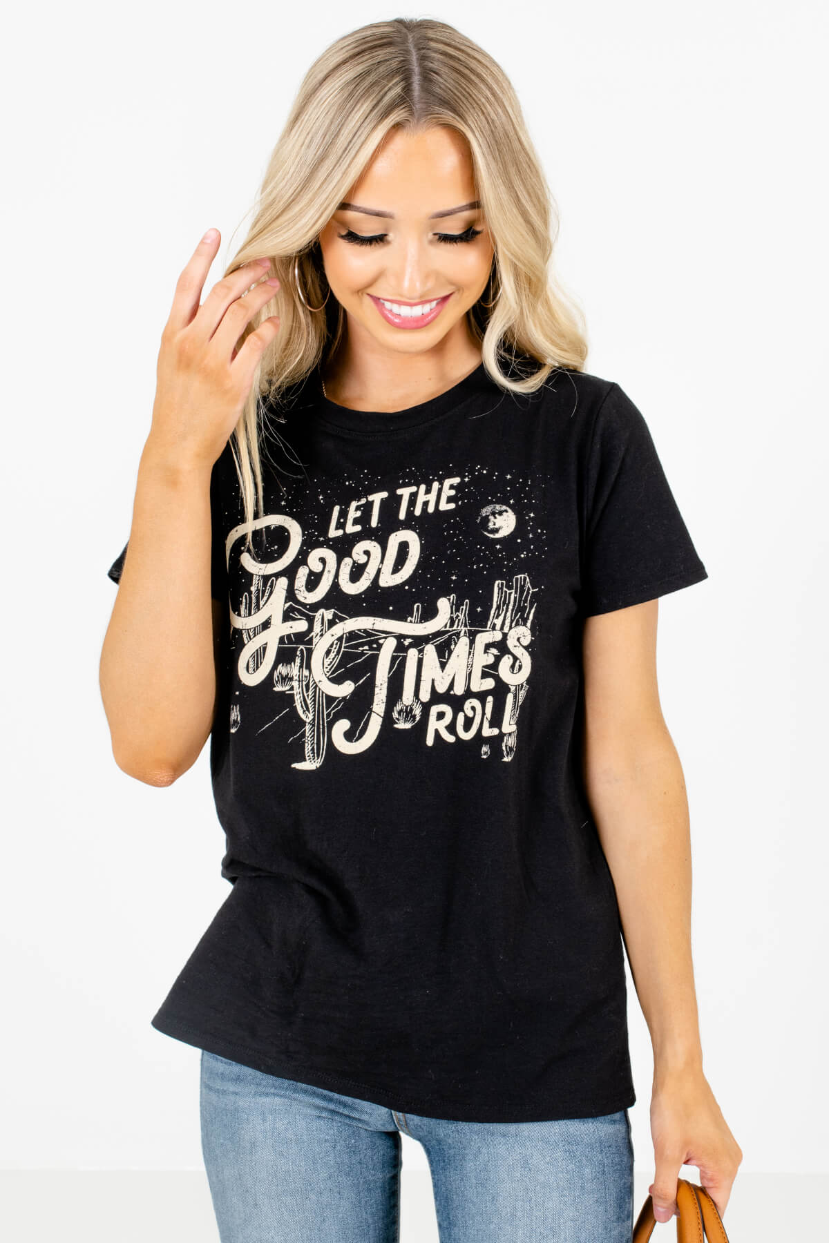 Women's Black Round Neckline Boutique Graphic T-Shirt