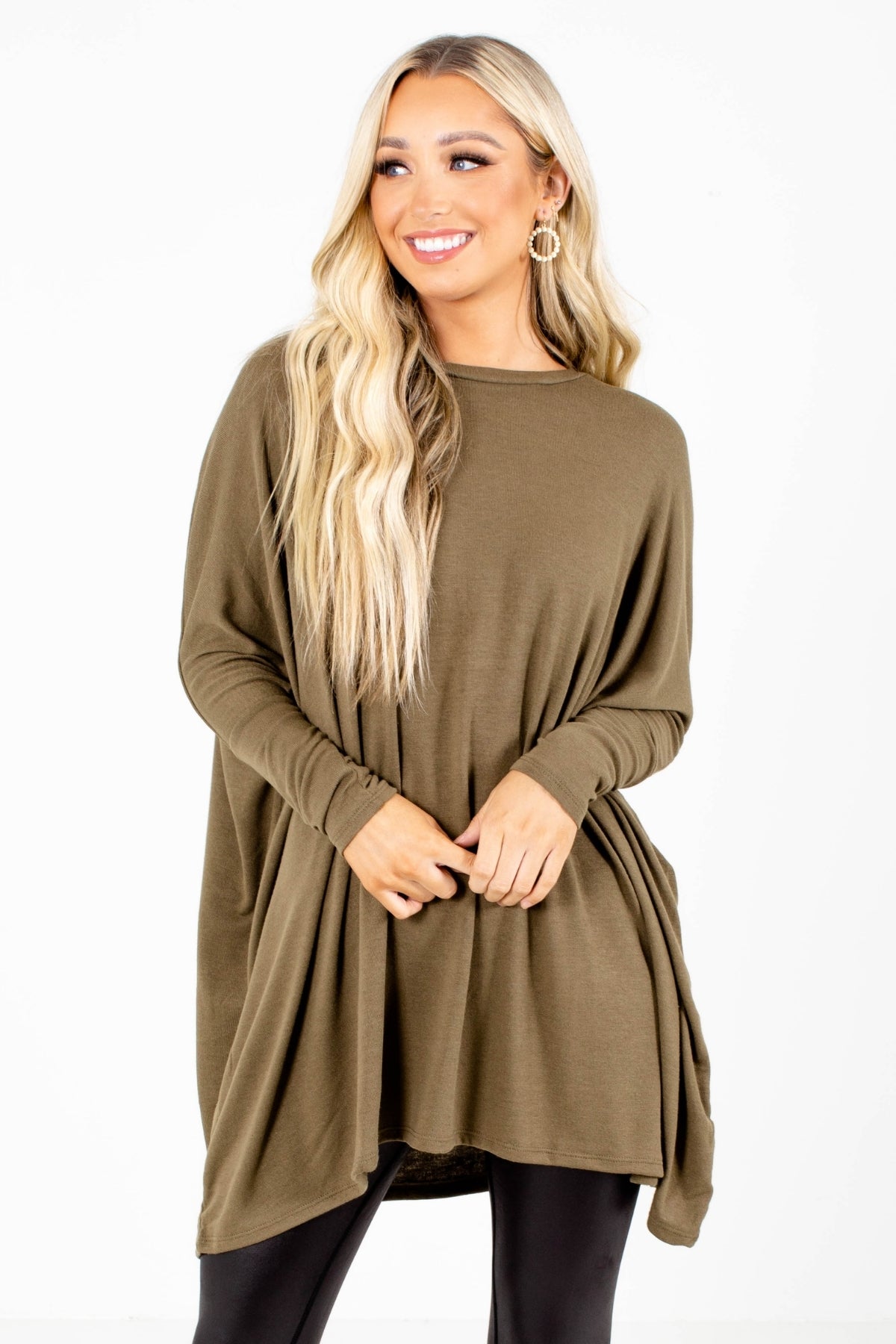 Let's Be Comfy Long Sleeve Top In Olive Green, Front View.