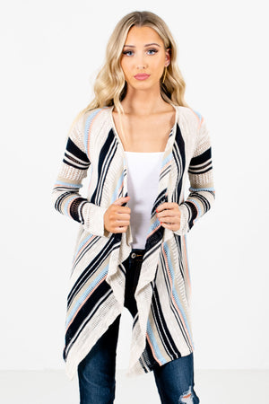 Beige Multi Striped Patterned Boutique Cardigans for Women