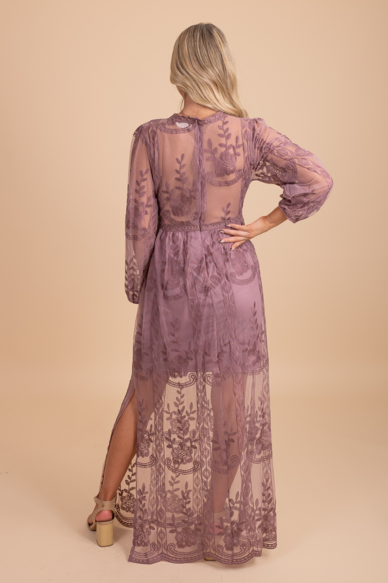 elegant sheer lace long sleeve maxi dress