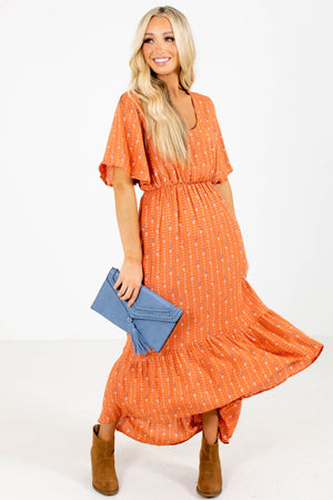 Orange Floral Patterned Boutique Midi Dresses for Women