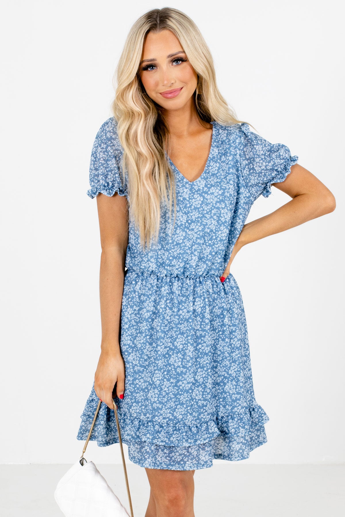 Blue Ruffle Accented Boutique Mini Dresses for Women