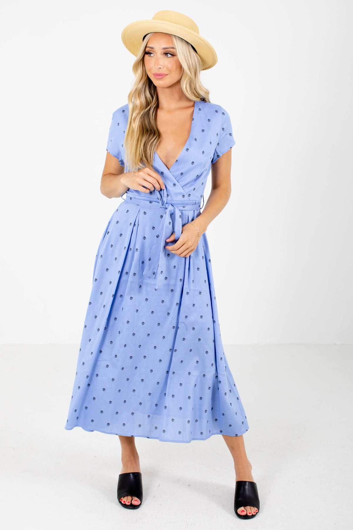 Blue Faux Wrap Style Boutique Midi Dresses for Women