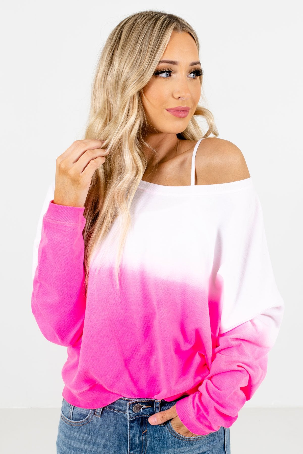 Pink and White Ombre Tie-Dye Patterned Boutique Pullovers for Women