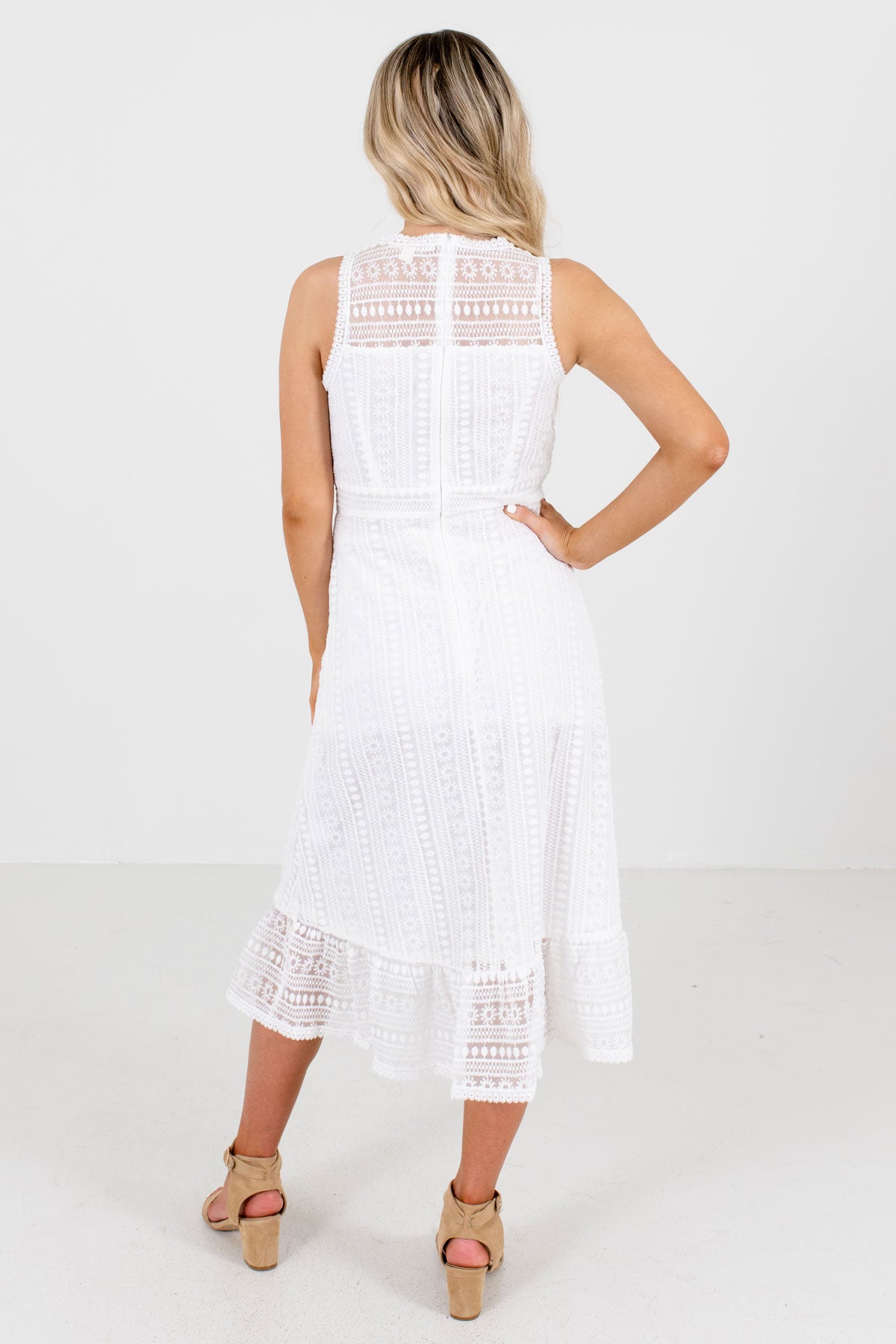 Women's White Ruffled Hem Boutique Midi Dresses