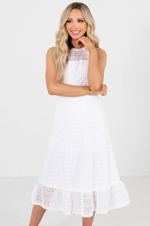 Women's White Partially Lined Boutique Midi Dresses