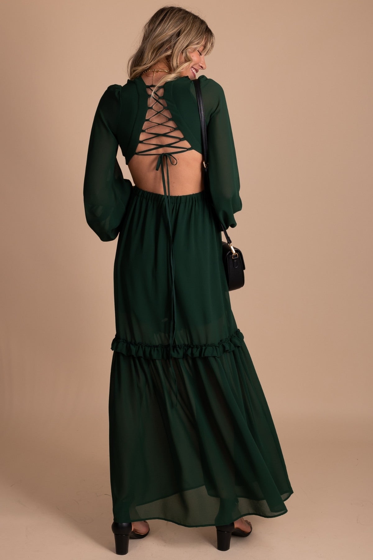 Women's Maxi Dress in Dark Green with Lace Up Open Back