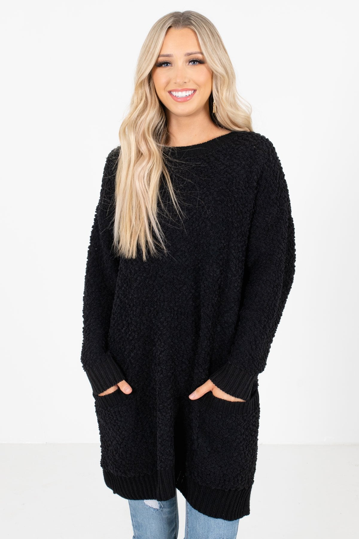 Black High-Quality Popcorn Knit Material Boutique Sweaters for Women