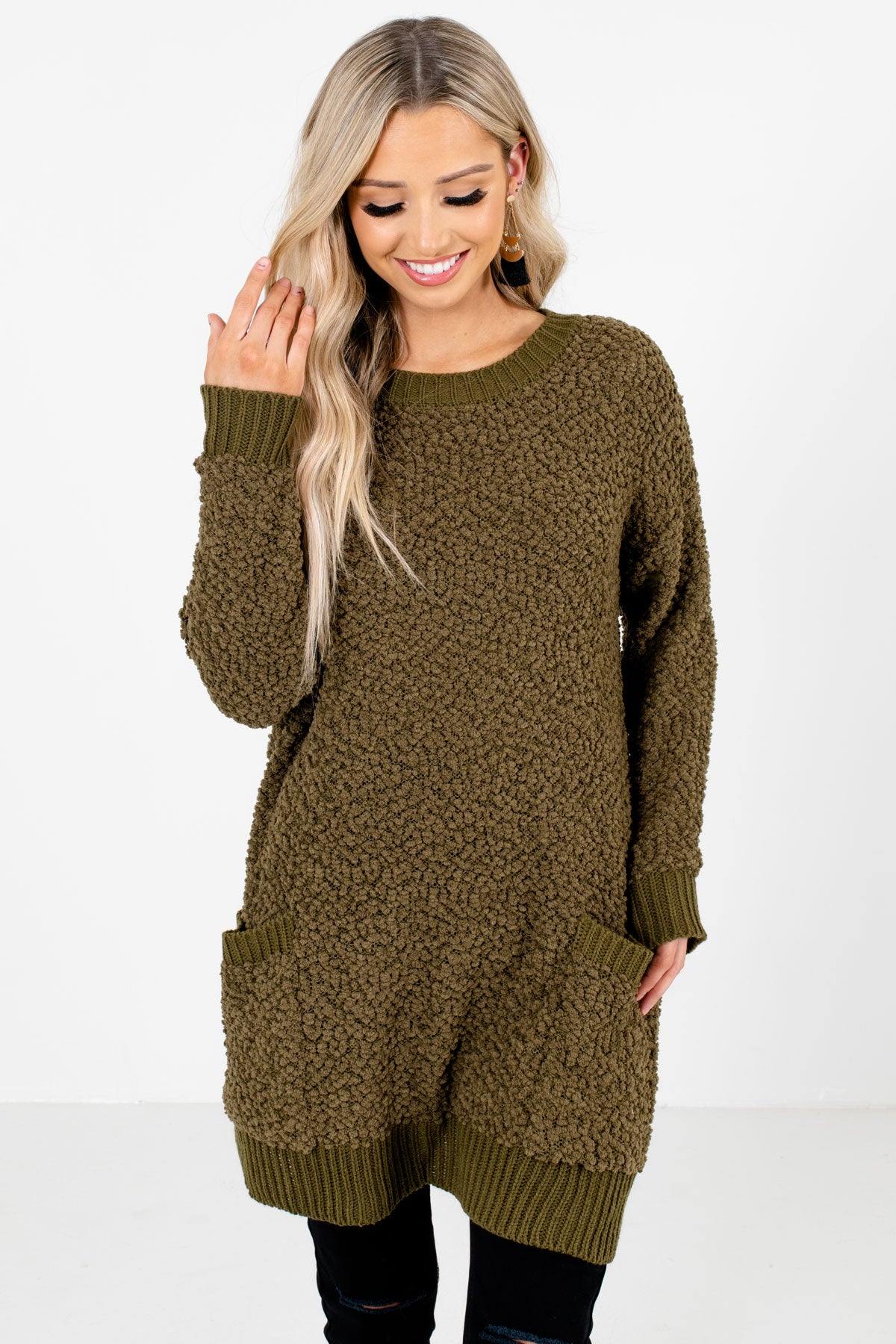 Olive Green High-Quality Popcorn Knit Material Boutique Sweaters for Women