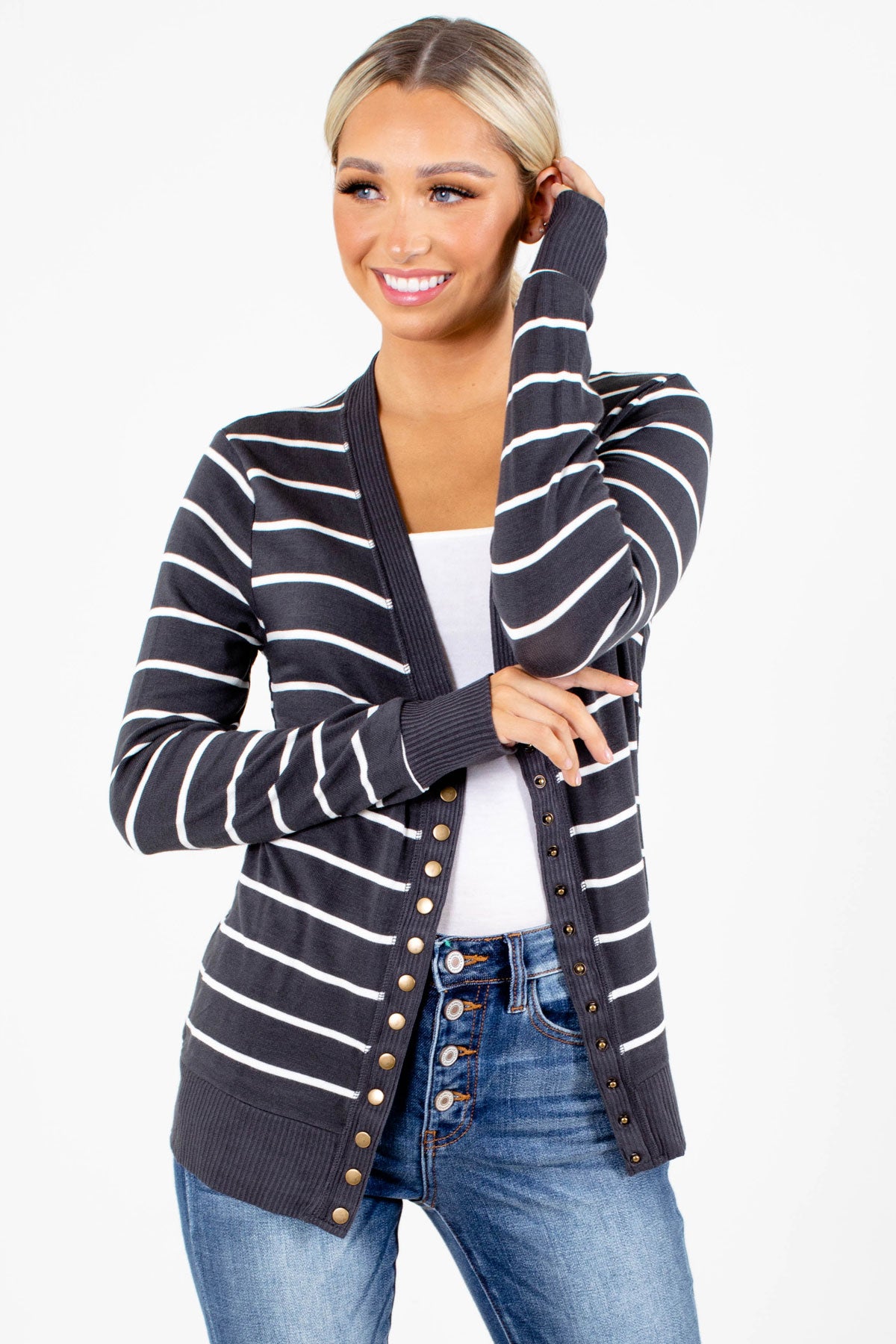 Charcoal Striped Pattern Boutique Cardigans for Women