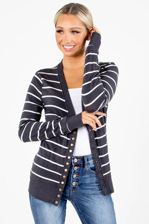 Charcoal Striped Pattern Boutique Cardigans for Women