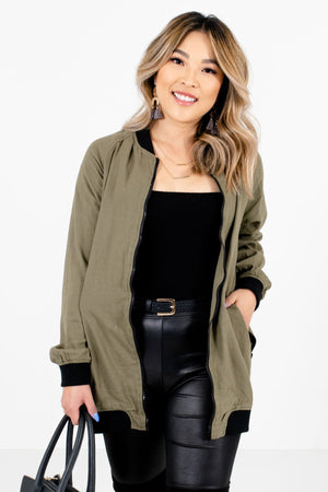 Olive Green Zip-Up Front Boutique Jackets for Women