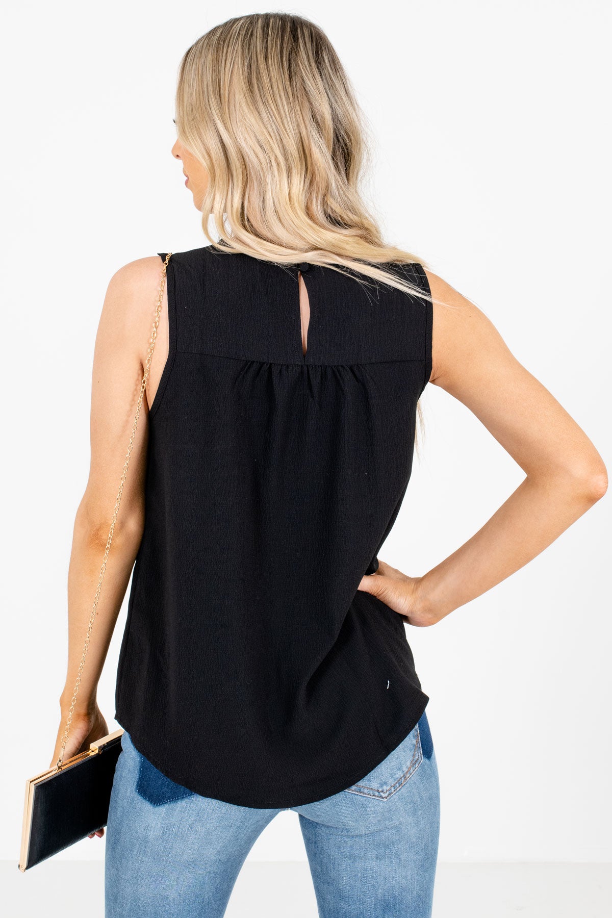 Black Pleated Accented Boutique Tank Tops for Women