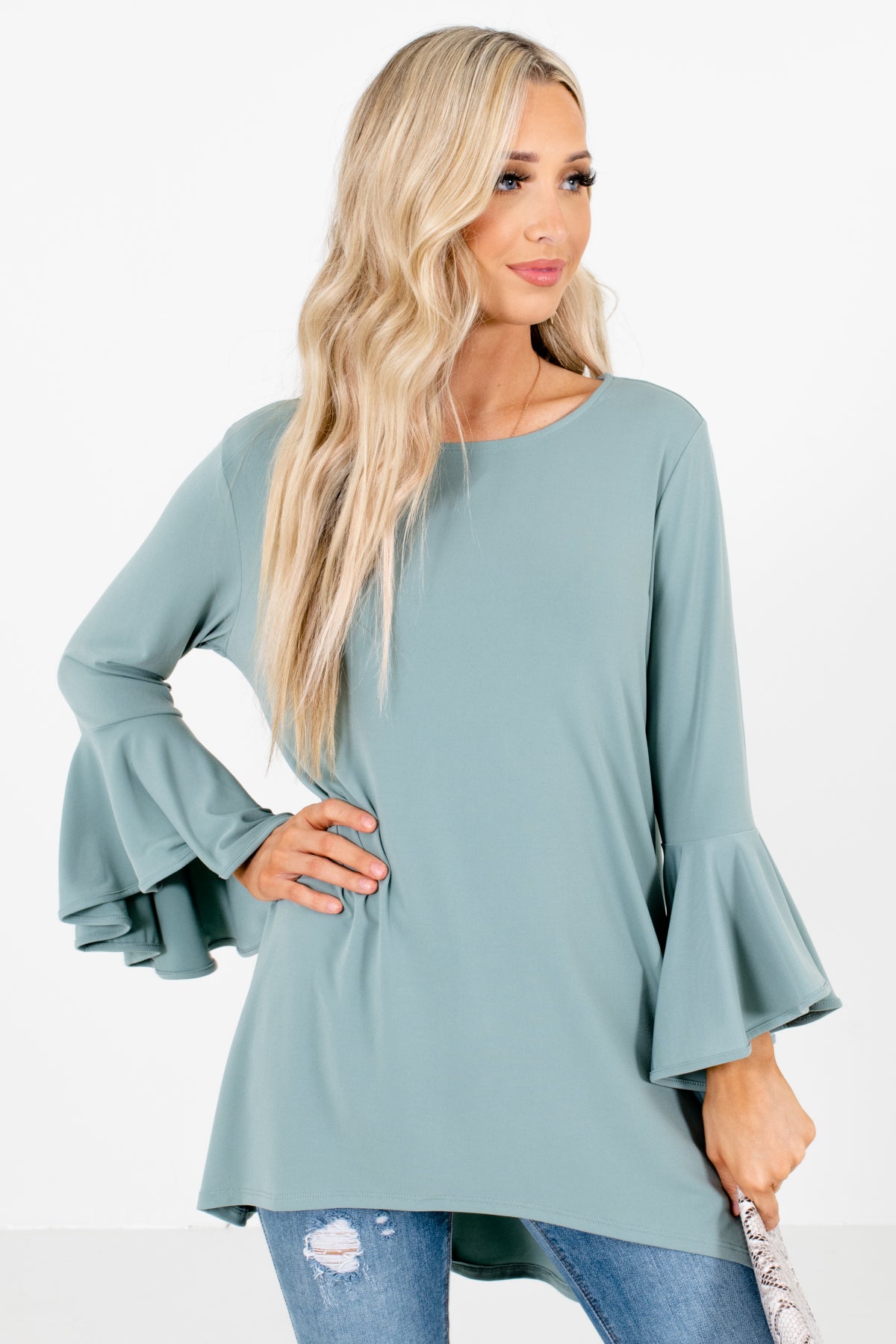 Green Bell Sleeve Style Boutique Blouses for Women