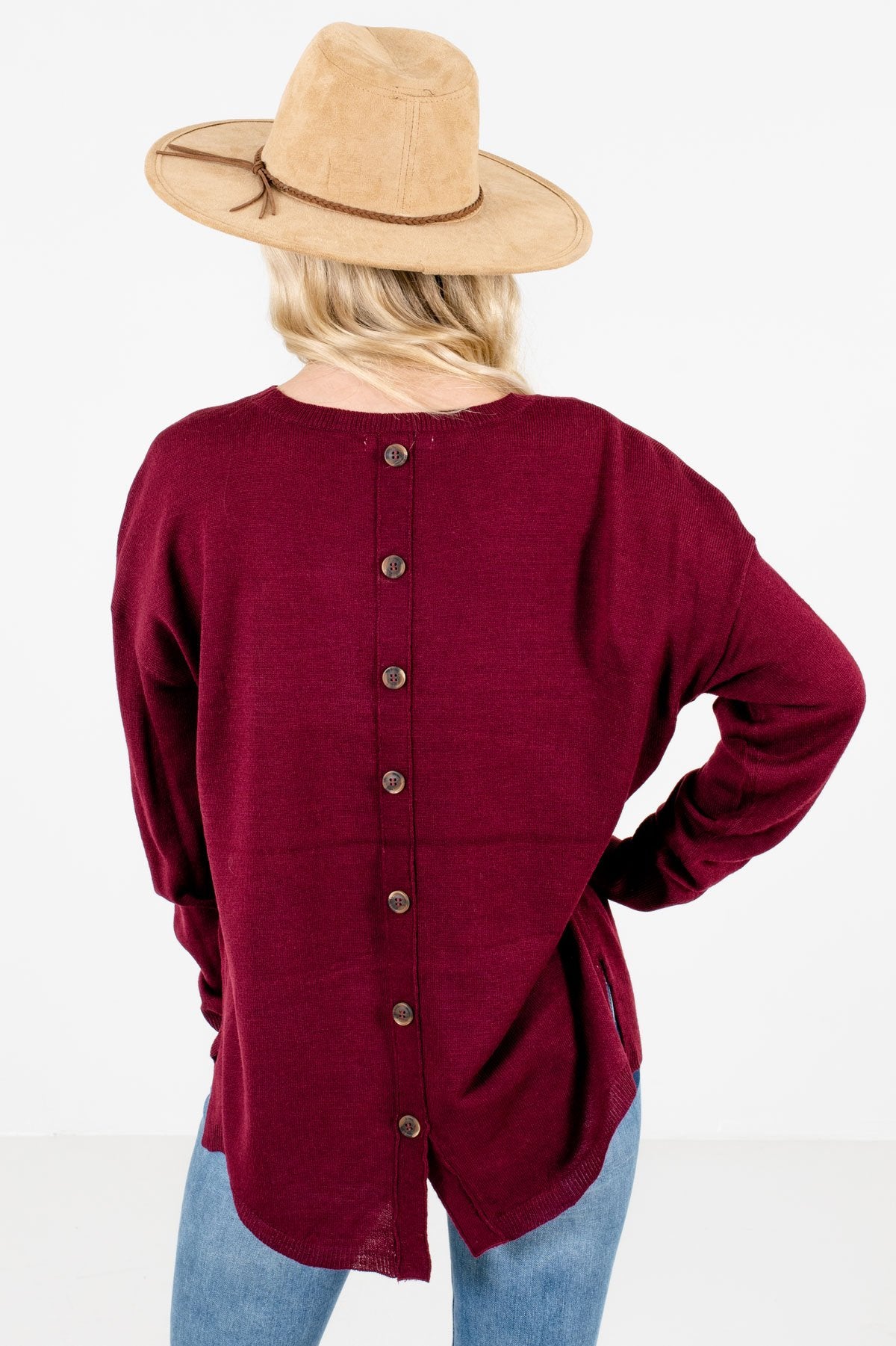 Women’s Burgundy Split High-Low Hem Boutique Sweater