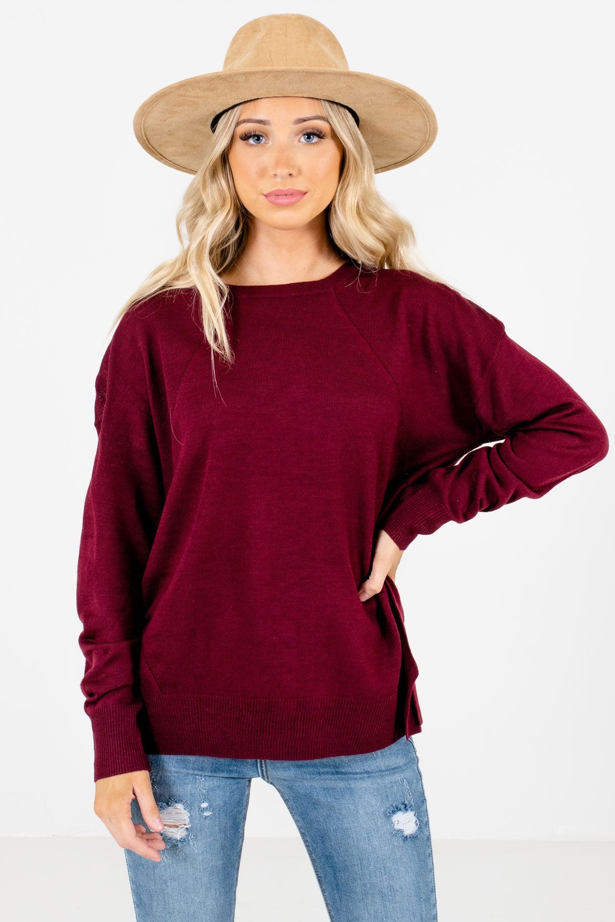 Burgundy Decorative Button Boutique Sweaters for Women