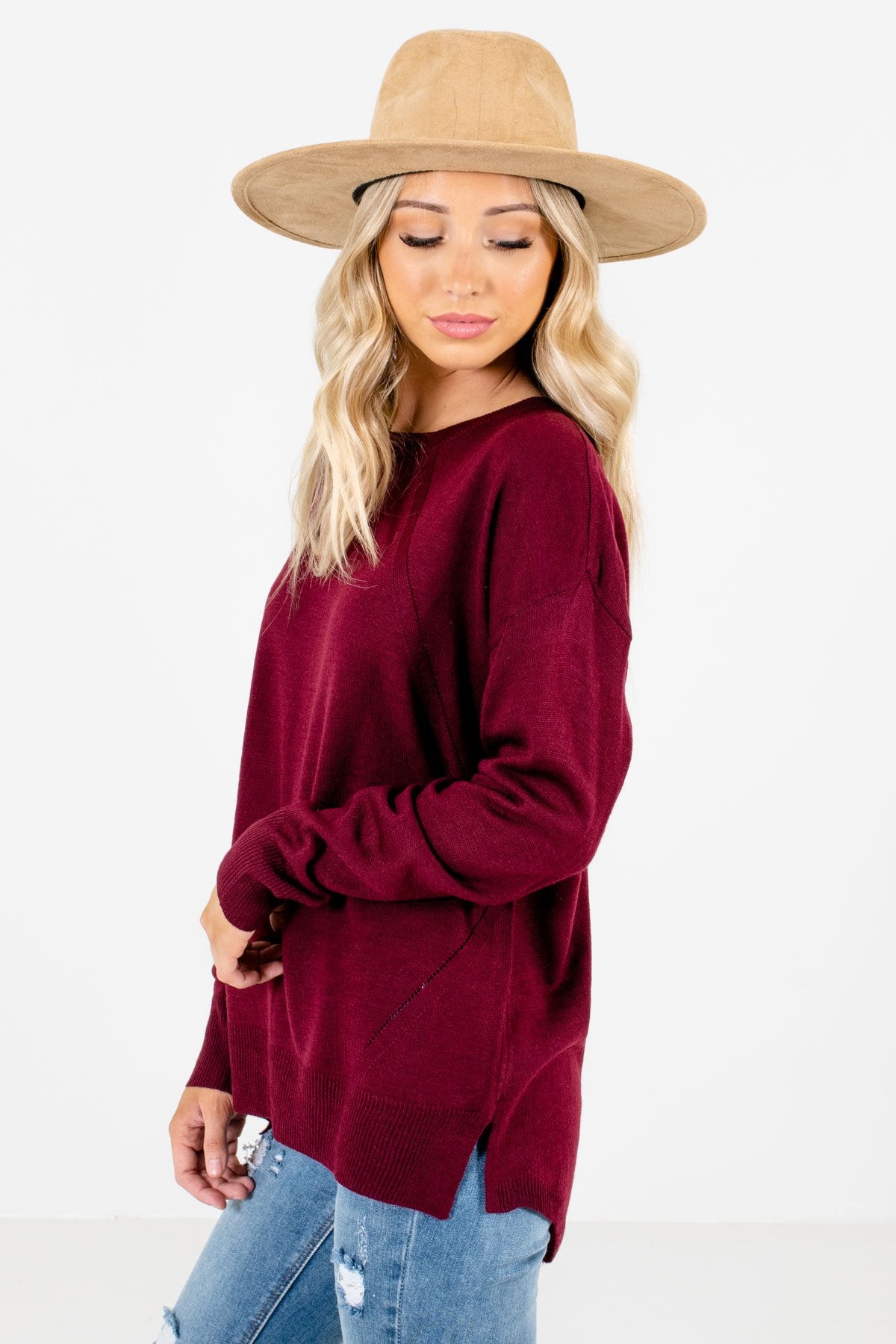 Burgundy Lightweight Knit Material Boutique Sweaters for Women