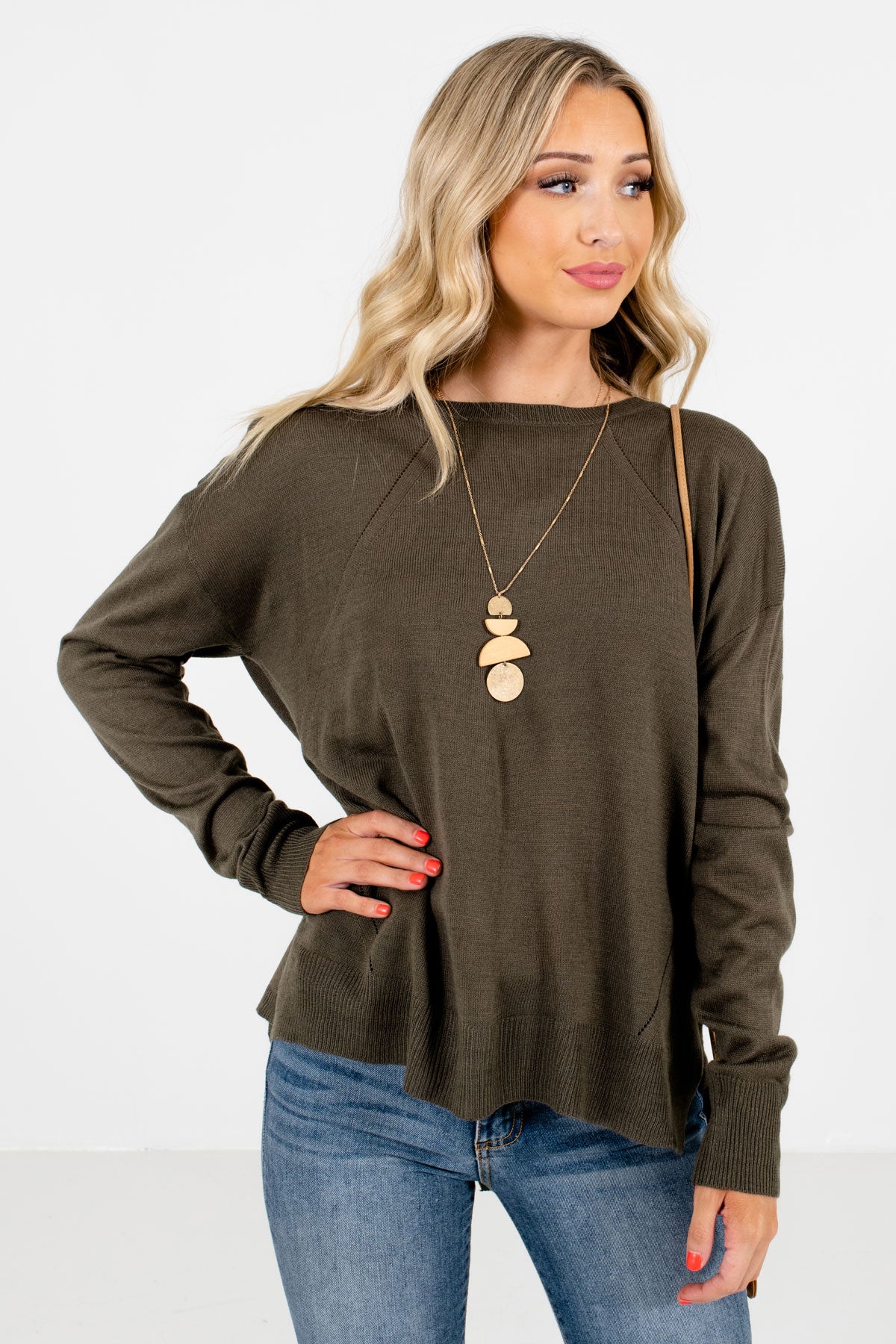 Olive Green Decorative Button Boutique Sweaters for Women