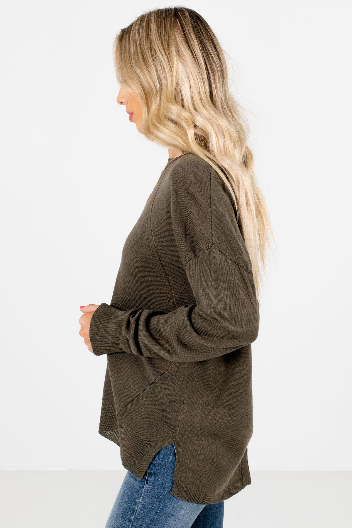 Olive Green Lightweight Knit Material Boutique Sweaters for Women