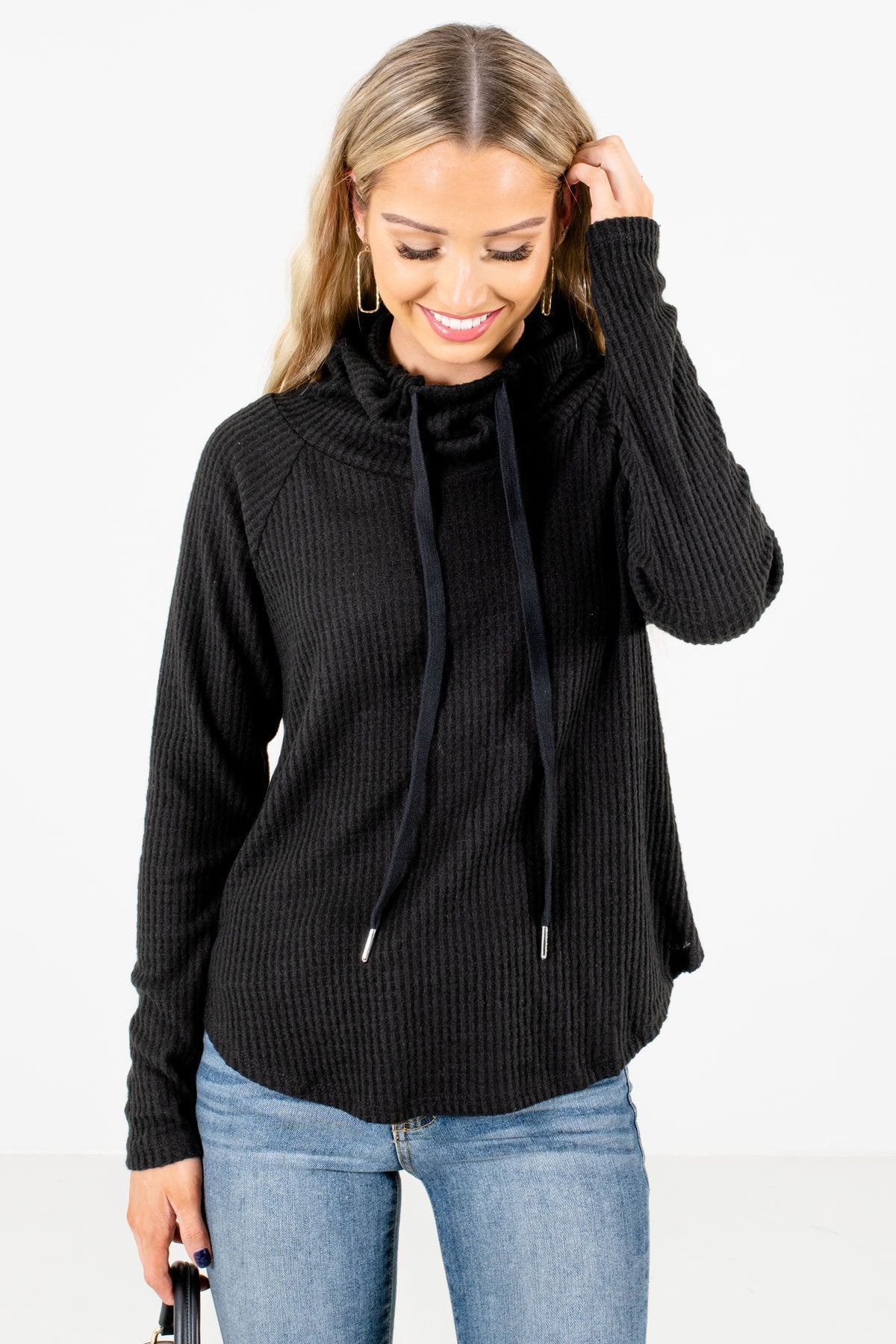 Black High-Quality Waffle Knit Material Boutique Sweaters for Women