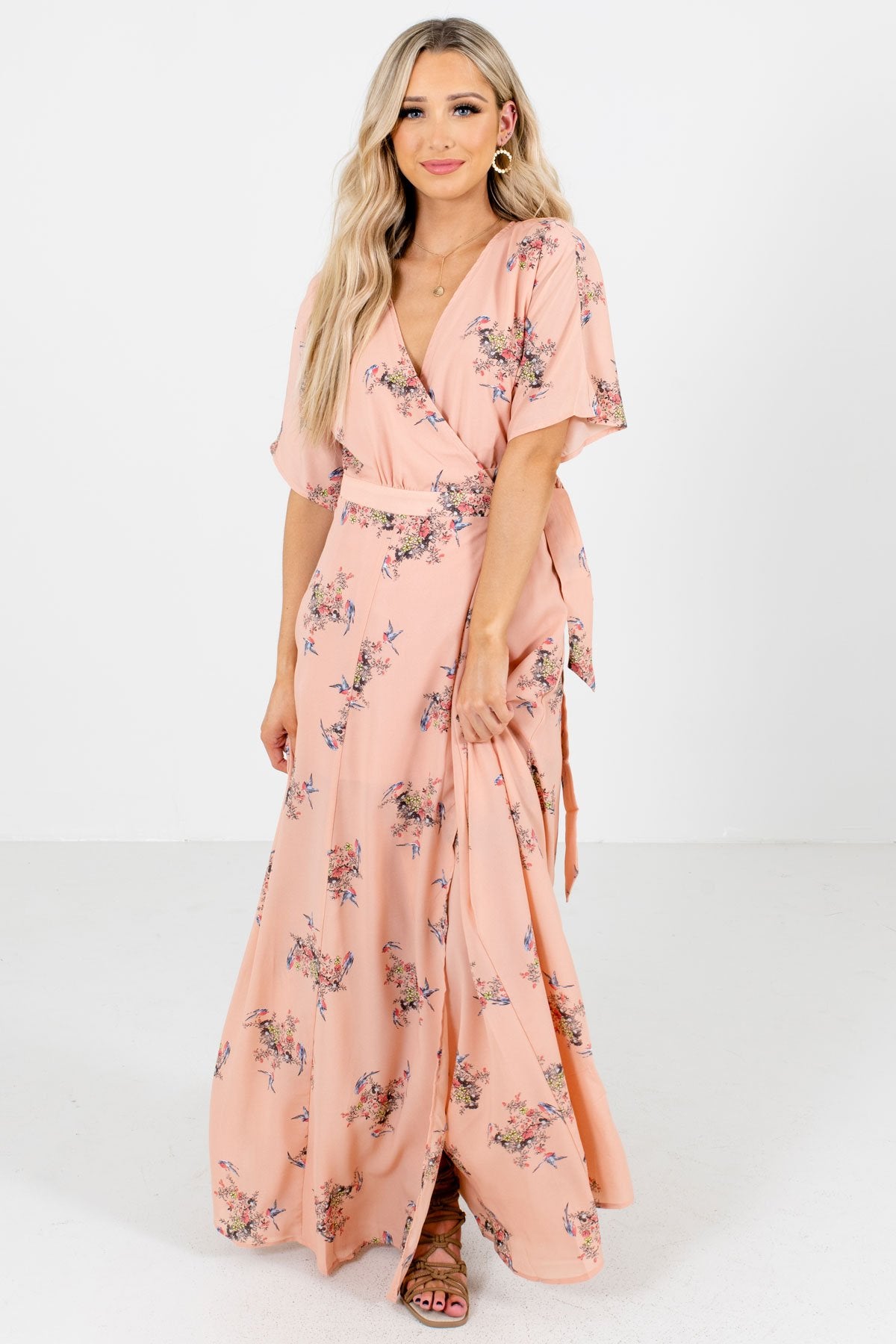 Peach Pink Floral Patterned Boutique Maxi Dresses for Women 