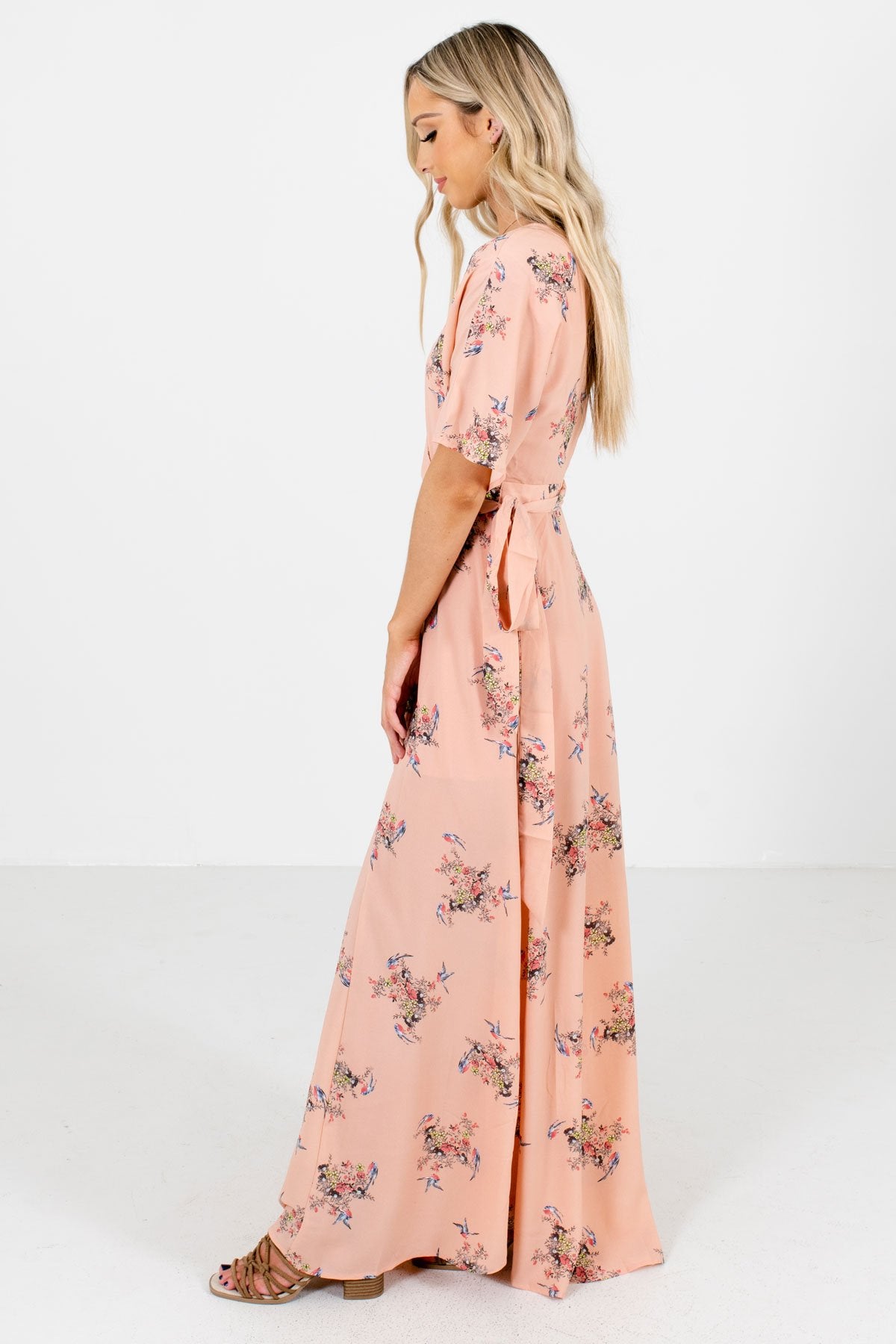 Peach Pink Bird Patterned Boutique Maxi Dresses for Women