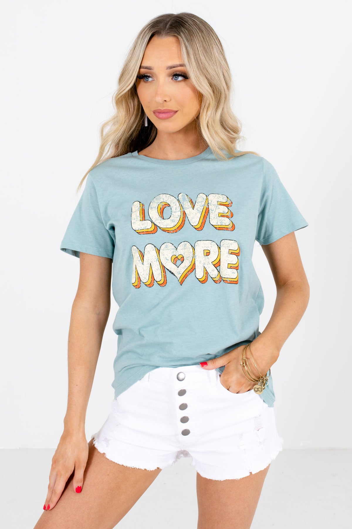 Blue "Love More" Lettering Boutique Graphic Tees for Women
