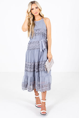 Slate Gray Crochet Lace Detailed Boutique Midi Dresses for Women