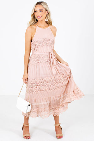 Pink Waist Tie Detailed Boutique Midi Dresses for Women