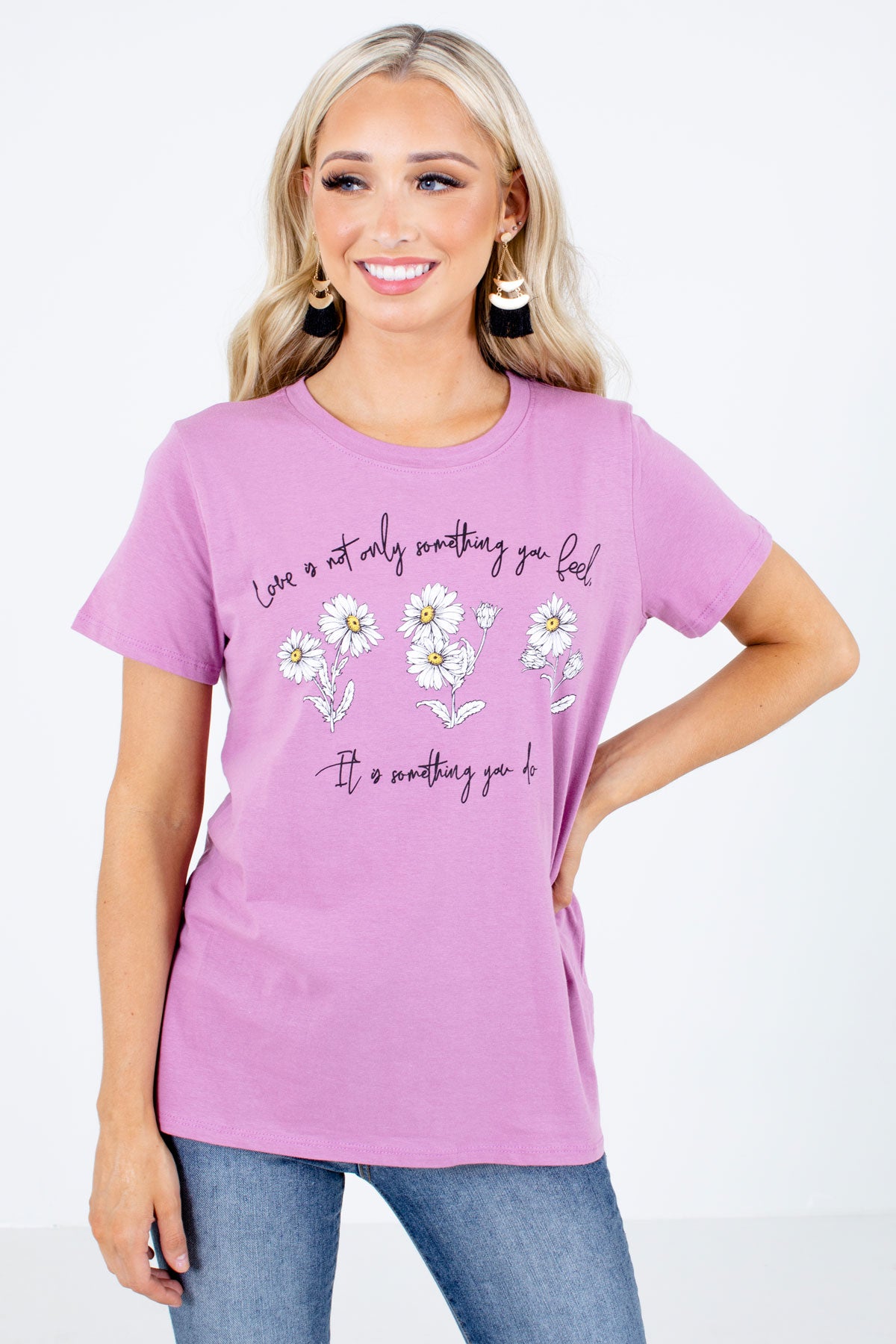 Purple White Floral Graphic Boutique T-Shirts for Women