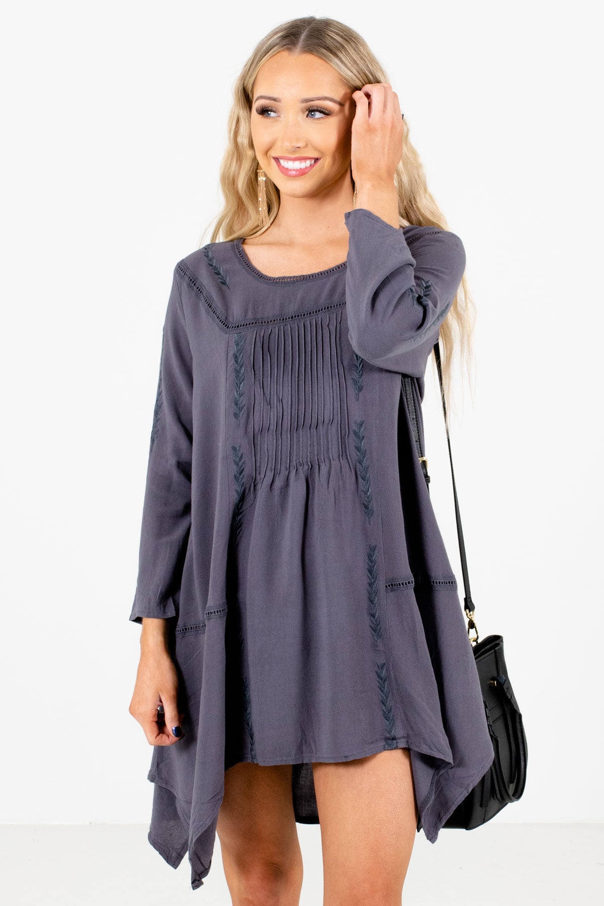 Women’s Charcoal Gray Pleated Boutique Mini Dresses
