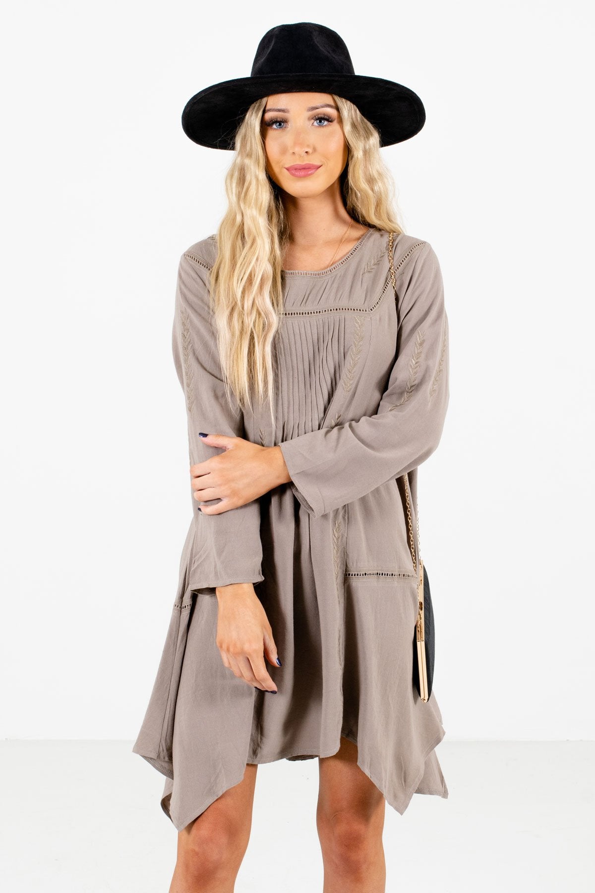 Women’s Taupe Brown Pleated Boutique Mini Dresses