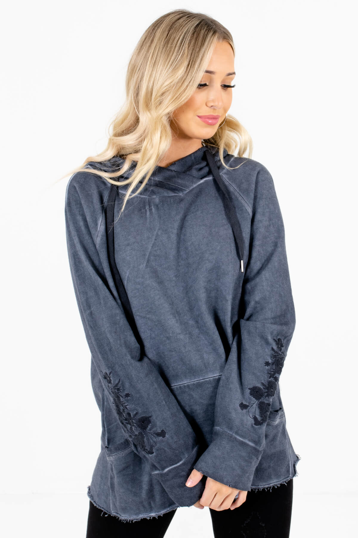 Navy Blue Embroidered Boutique Hoodies for Women