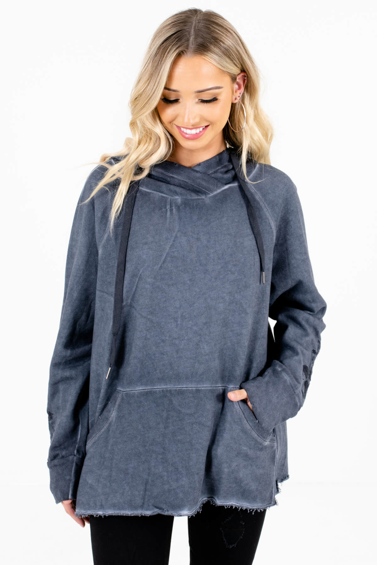 Navy Blue Front Pocket Boutique Hoodies for Women